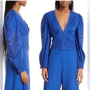 ✨NWT✨FARM RIO Blue Pleated Lace Long Sleeve